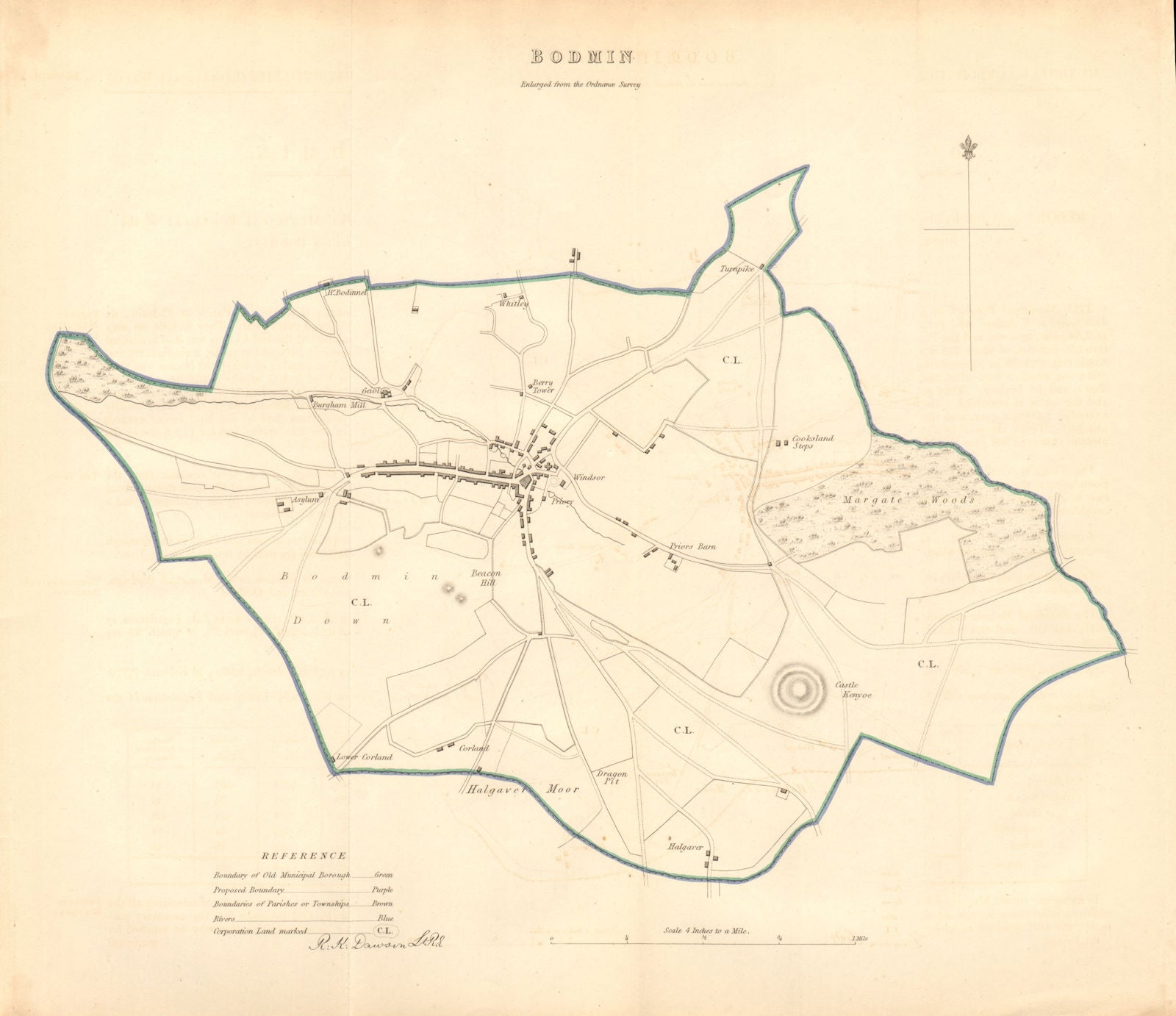 BODMIN borough/town plan. BOUNDARY COMMISSION. Cornwall. DAWSON 1837 old map
